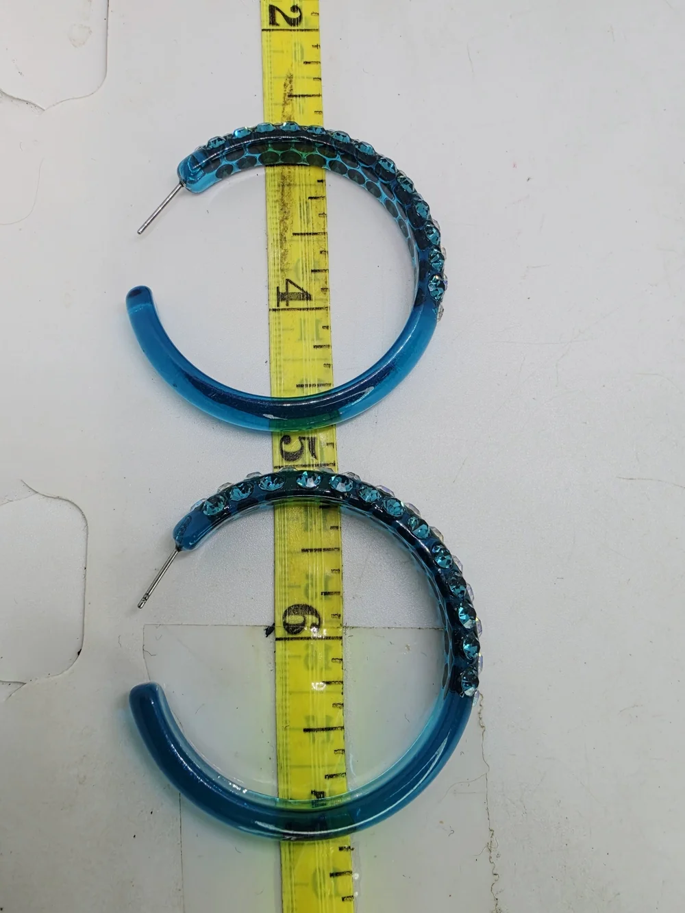 Vintage Y2k Teal Blue Lucite AB Rhinestone Crusted Cluster Hoop Pierced Earrings